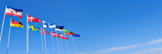 MV-Ostseekooperation Flaggen Die Flaggen von Mecklenburg-Vorpommern, Deutschland, den Ostseeanrainerstaaten und der EU wehen nebeneinander an hohen Fahnenmasten vor einem strahlend blauen Himmel.